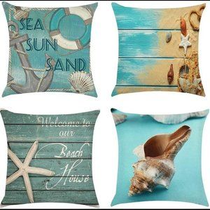 (Only Covers) Set of 4 Blue Ocean Theme Pillows Covers Starfish Beach 18x18 Inch
